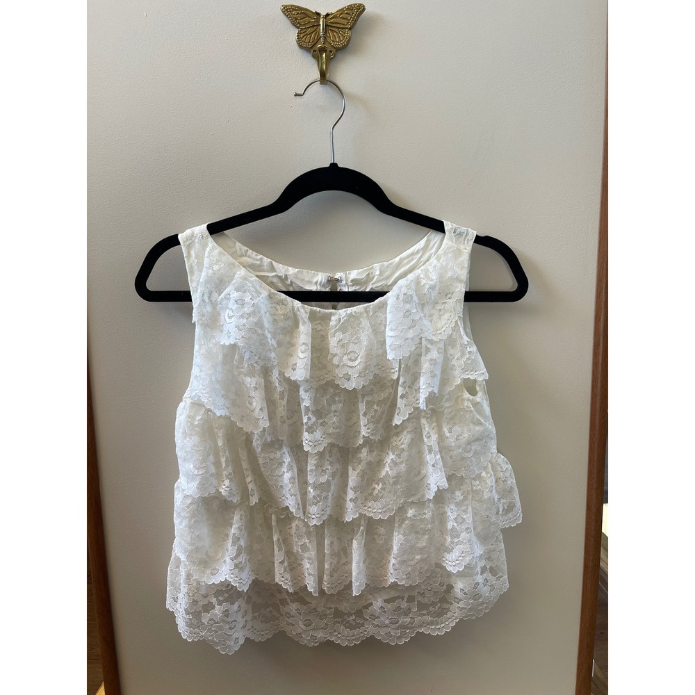 Meadow Tiered Lace Tank Top Women's Small White Sleeveless Zip Back